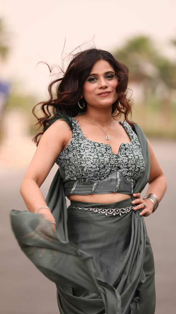 Olive Drape Saree With Corset Blouse - Image 2