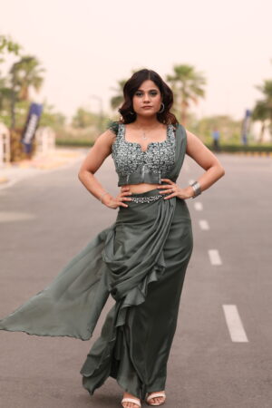 Olive Drape Saree With Corset Blouse