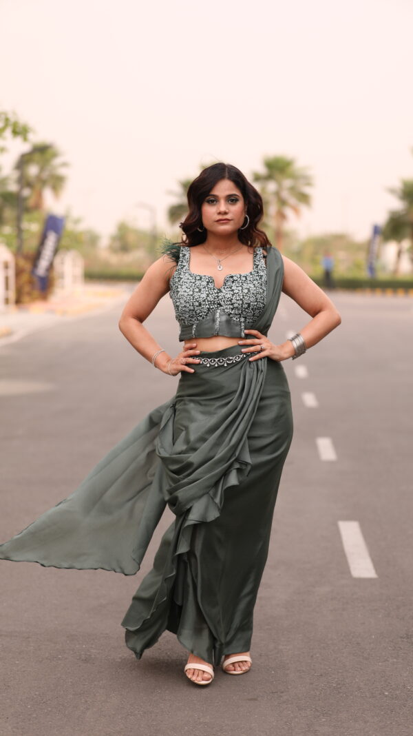 Olive Drape Saree With Corset Blouse