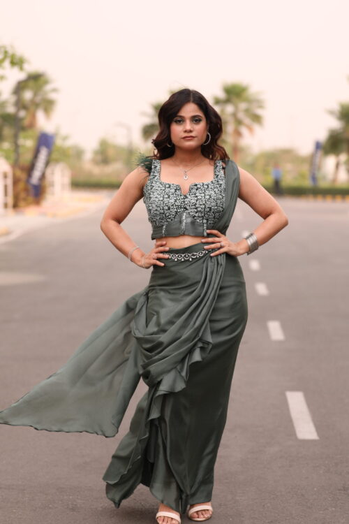 Olive Drape Saree With Corset Blouse