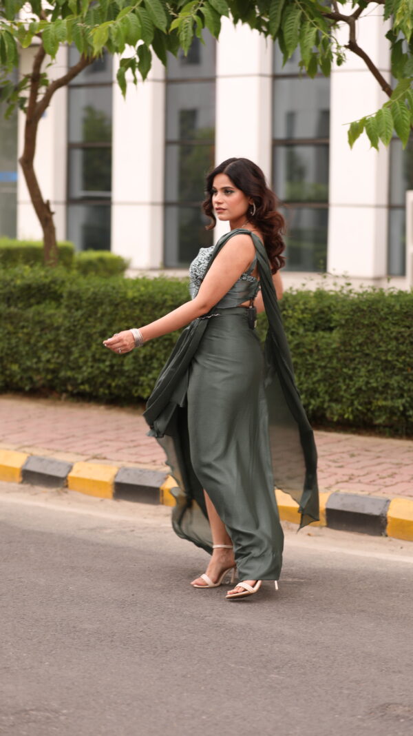 Olive Drape Saree With Corset Blouse - Image 3
