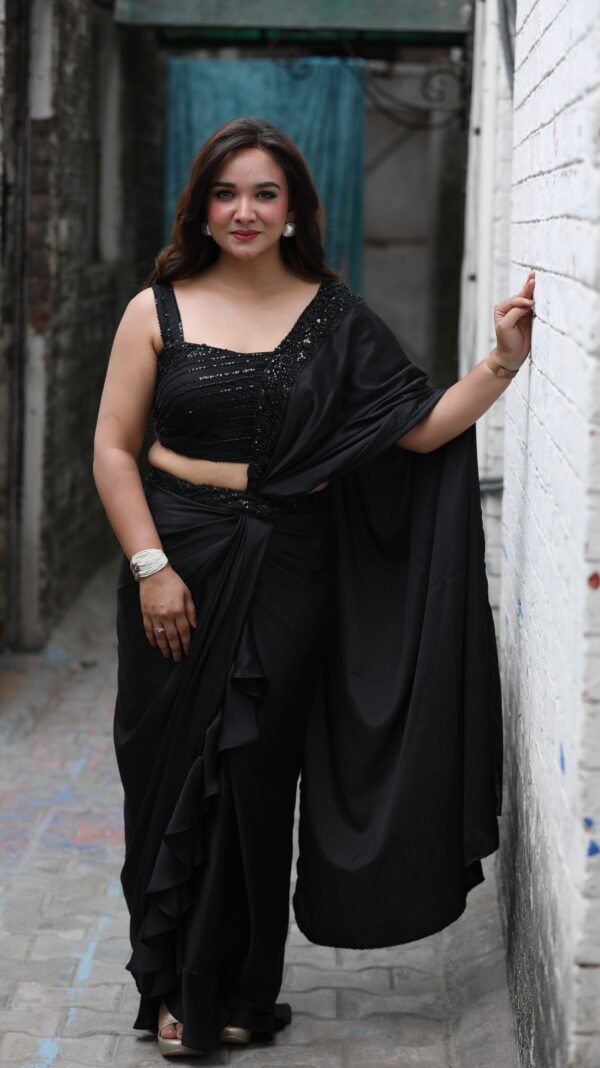 Black Drape Ruffle Saree - Image 4