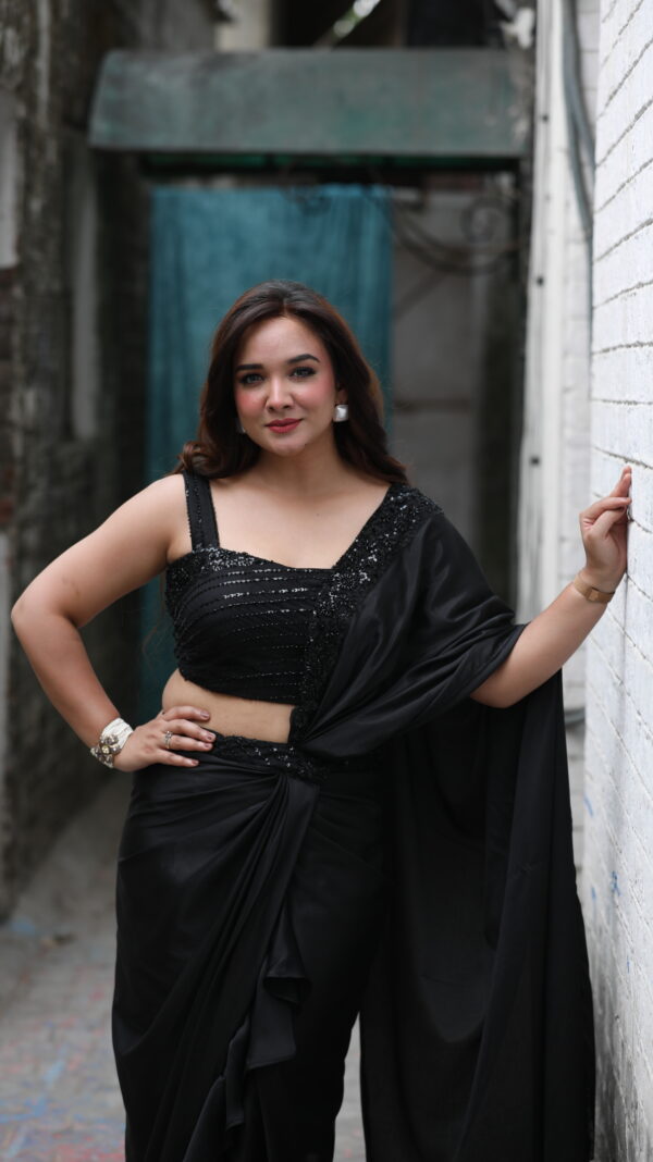 Black Drape Ruffle Saree - Image 5