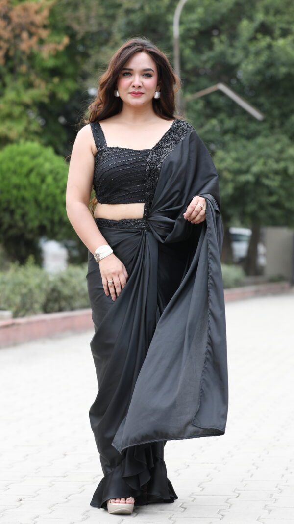 Black Drape Ruffle Saree - Image 7